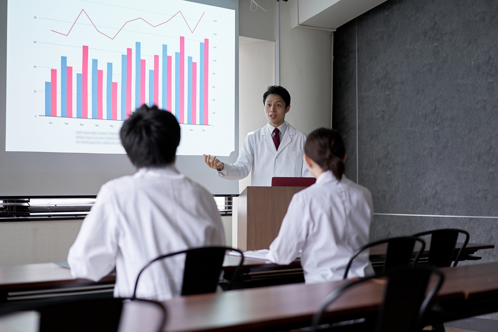 Biotech research company staff discussing statistics and strategies